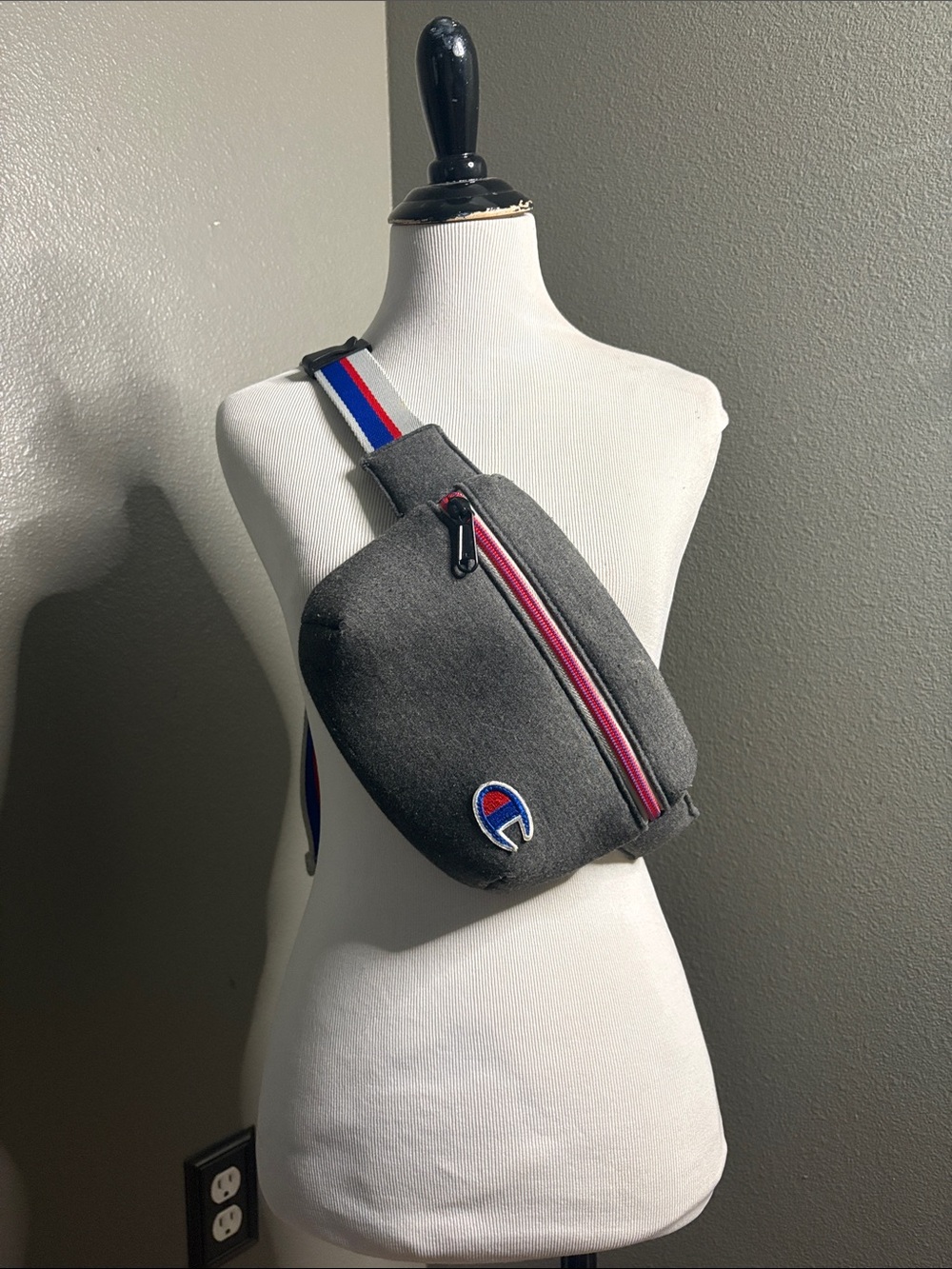 Champion Gray Crossbody Belt Bag with Red-Trim Zip and Tricolor Strap
